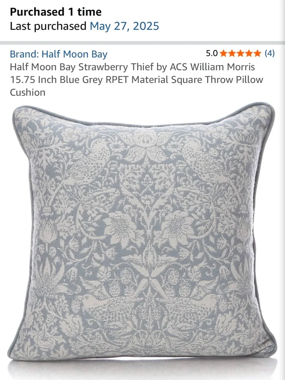 Blue Gray William Morris Strawberry Thief Throw Pillow